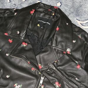 Black Faux Leather Floral Moto Jacket Biker Grunge Goth Vampire Femme Emo Fairy